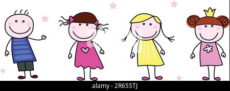 Die Strichfigur inspiriert Kinder in verschiedenen Charakteren. Vektordarstellung isoliert auf weiß. Stock Vektor