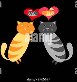 Graue Katze und rote Katze, die sich in der Nähe umarmen und auf schwarzem Hintergrund an einander denken. Vektordarstellung. Stock Vektor