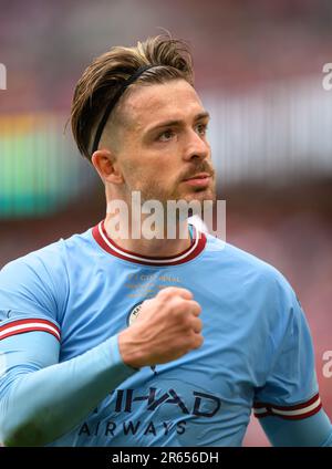 03. Juni 2023 – Manchester City gegen Manchester United – Emirates FA Cup-Finale – Wembley Stadion Jack Grealish von Manchester City stürzt sich während des FA Cup-Finales 2023 in die Luft. Bild : Mark Pain / Alamy Live News Stockfoto