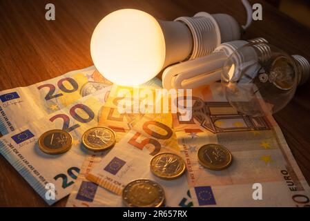 Glühbirne leuchtet, mit Münzen und Banknoten daneben. Steigende Stromtarife, Energieabhängigkeit, Energiequellen und Energieversorgung. Stockfoto