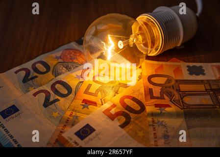 Glühbirne leuchtet, mit Münzen und Banknoten daneben. Steigende Stromtarife, Energieabhängigkeit, Energiequellen und Energieversorgung. Stockfoto