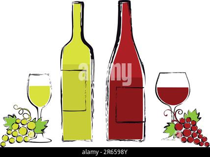 Rot- und Weißweinflaschen mit Gläsern und Trauben, grausige Vektordarstellung Stock Vektor