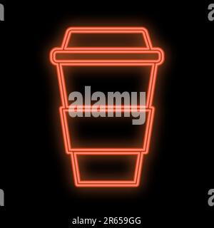 Leuchtend rotes Neonschild für Cafe Bar Restaurant Pub wunderschön glänzend mit einer Tasse Kaffee auf schwarzem Hintergrund. Vektordarstellung. Stock Vektor