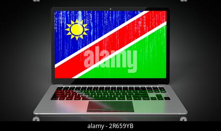Namibia – Länderflagge und Binärcode auf Laptop-Bildschirm – Abbildung 3D Stockfoto