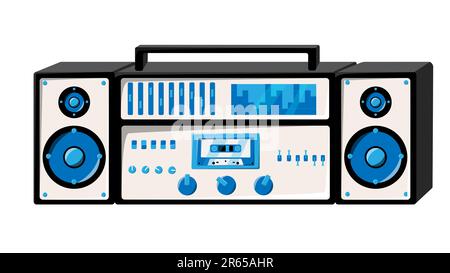 Alte isometrische Retro-Musikkassettenrekorder in Weiß mit Magnetband auf Rollen und Lautsprechern aus den 70s, 80s und 90s Jahren. Eine wunderschöne Ikone. Vektor Stock Vektor