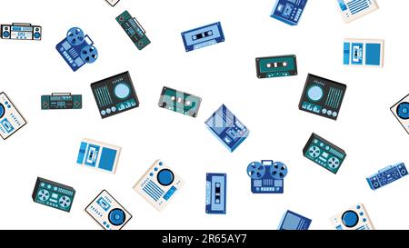 Nahtloses Muster endlos mit Musik Audio Tech Elektronik Ausrüstung alter Retro-Hipster aus den Jahren 70s, 80s, 90s isoliert auf weißem Hintergrund. Vektor Stock Vektor