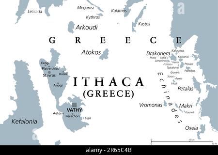 Ithaka, Insel- und Regionaleinheit in Griechenland, graue politische Karte. Teil der Ionischen Inseln. Ithaka, Arkoudi, Atokos und einige Echinaden Inseln. Stockfoto