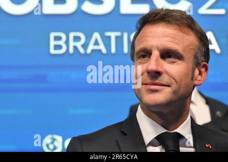 Der französische Präsident Emmanuel Macron nimmt am 31. Mai 2023 an der dreitägigen internationalen Konferenz Globsec 2023 Bratislava in Bratislava (SL) Teil Stockfoto