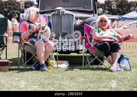 Britische Damen sitzen auf Picknickstühlen mit einem Jack russell Hund und einem Oldtimer Stockfoto