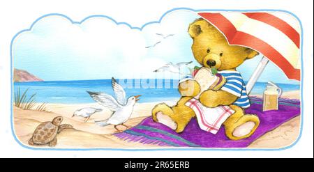 Juvenile-Teddy macht ein Picknick am Strand Stockfoto