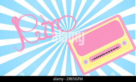 Pink Old Retro, weiblich, antik, Vintage, rechteckiges erstes Hipster-Radio, Musikradio-Empfänger mit runden Lautstärkereglern und einer Aufschrift Retro auf A Stock Vektor