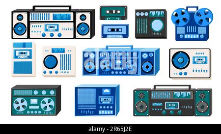 Set aus blütigen, alten, altmodischen Musikelektronik-Geräten im Retro-Stil: Audiokassettenrekorder mit Magnetband, dj-Konsole von 70s, 80s, 90s. Stock Vektor