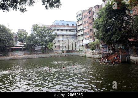 DHAKA, BANGLADESCH - JUNI 2: Am 2. Juni 2023 baden Menschen in einem Teich in Old Dhaka in Dhaka, Bangladesch. Dhaka ist eine Megacity und hat 10,2 Einwohner Stockfoto