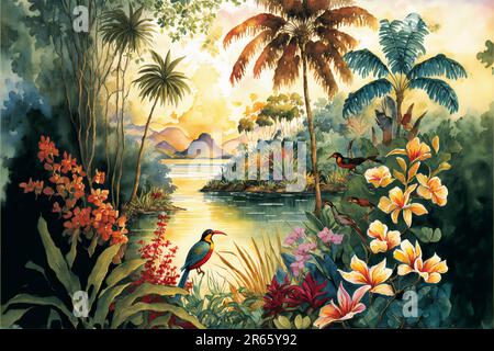 Die Tapete vom Tropical Paradise. Bäume und Vögel mit detaillierten Aquarellgemälden einer ruhigen, tropischen hawaiianischen Landschaft. Stockfoto
