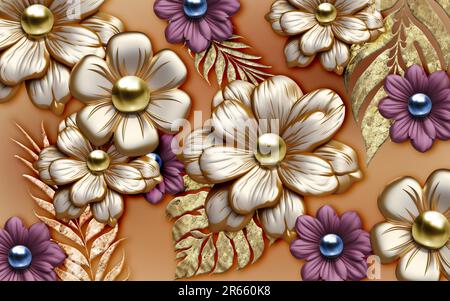 3D Tapete für Wandgemälde mit Blumen. Rose, goldene Blumen auf orangefarbenem und goldenem Hintergrund. Abstrakte Leaves verzweigt. Innenwand Wohnungsdekoration Stockfoto