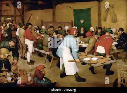 The Peasant Wedding, gemalt vom niederländischen Renaissance-Maler Pieter Breughel the Elder in den Jahren 1566–69. Breughel war der wichtigste Maler der niederländischen und flämischen Renaissance. Seine Themenauswahl war einflussreich, er lehnte Porträts und religiöse Szenen zugunsten von lokalen und Bauernszenen ab. Stockfoto