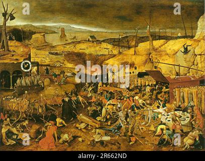 Der Triumph des Todes, gemalt von einem Anhänger von Peter Brueghel dem Ältesten. Breughel war der wichtigste Maler der niederländischen und flämischen Renaissance. Seine Themenauswahl war einflussreich, er lehnte Porträts und religiöse Szenen zugunsten von lokalen und Bauernszenen ab. Stockfoto