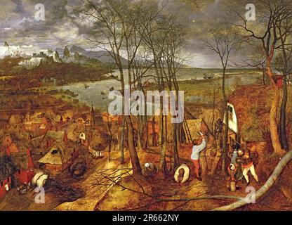 The Finsterny Day - Frühling gemalt vom niederländischen Renaissance-Maler Pieter Breughel the Elder im Jahr 1559 als Teil seiner Seasons-Serie. Breughel war der wichtigste Maler der niederländischen und flämischen Renaissance. Seine Themenauswahl war einflussreich, er lehnte Porträts und religiöse Szenen zugunsten von lokalen und Bauernszenen ab. Stockfoto