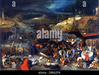 Jan Brueghels 1597. Version des Triumphes des Todes. Breughel war der wichtigste Maler der niederländischen und flämischen Renaissance. Seine Themenauswahl war einflussreich, er lehnte Porträts und religiöse Szenen zugunsten von lokalen und Bauernszenen ab. Stockfoto