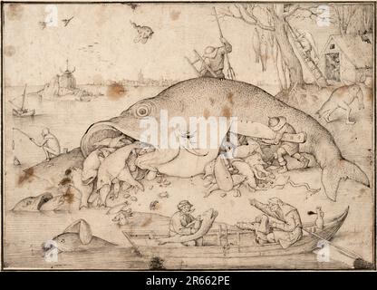 Der große Fisch frisst den kleinen Fisch, Brueghel zeichnet für einen Abdruck von 1556. Breughel war der wichtigste Maler der niederländischen und flämischen Renaissance. Seine Themenauswahl war einflussreich, er lehnte Porträts und religiöse Szenen zugunsten von lokalen und Bauernszenen ab. Stockfoto