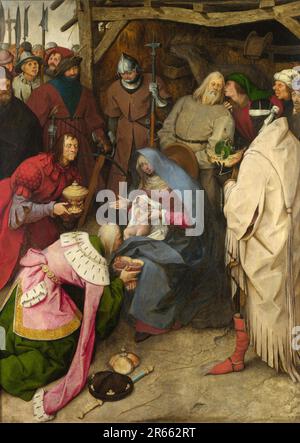 Verehrung der Magi, gemalt vom niederländischen Renaissance-Maler Pieter Breughel der Ältere im Jahr 1564. Breughel war der wichtigste Maler der niederländischen und flämischen Renaissance. Seine Themenauswahl war einflussreich, er verzichtete auf Porträts und religiöse Szenen zugunsten von lokalen und Bauernszenen. Stockfoto