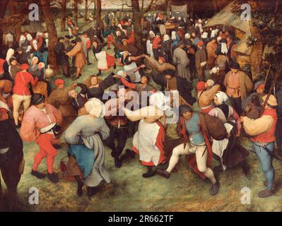 The Wedding Dance gemalt vom niederländischen Renaissance-Maler Pieter Breughel the Elder im Jahr 1566. Breughel war der wichtigste Maler der niederländischen und flämischen Renaissance. Seine Themenauswahl war einflussreich, er lehnte Porträts und religiöse Szenen zugunsten von lokalen und Bauernszenen ab. Stockfoto