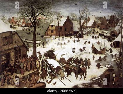 Der Volkszähler in Bethlehem, gemalt vom niederländischen Renaissance-Maler Pieter Breughel der Ältere im Jahr 1566. Breughel war der wichtigste Maler der niederländischen und flämischen Renaissance. Seine Themenauswahl war einflussreich, er verzichtete auf Porträts und religiöse Szenen zugunsten von lokalen und Bauernszenen. Stockfoto