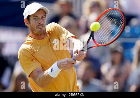 Andy Murray in Aktion während des Spiels gegen BU Yunchaokete (nicht abgebildet) am dritten Tag der Lexus Surbiton Trophäe 2023 im Surbiton Racket and Fitness Club, London. Bilddatum: Mittwoch, 7. Juni 2023. Stockfoto