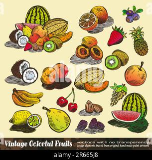 Vintage Colour Fruits Kollektion – Set aus verschiedenen Designelementen, die aus dem Original von Hand gezogen wurden Stock Vektor