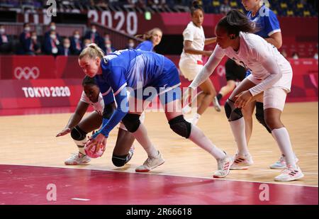 8. AUGUST 2021 – Tokio, Japan: Kseniia MAKEEVA #19 des Teams Russland im Handball Frauen-Goldmedaillenspiel zwischen Frankreich und dem russischen Olympischen Komitee bei den Olympischen Spielen 2020 in Tokio (Foto: Mickael Chavet/RX) Stockfoto