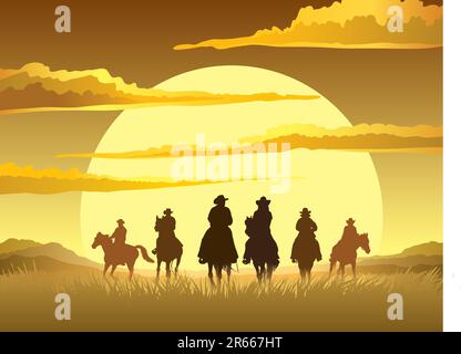 Team von Cowboys Silhouette galoppiert vor dem Hintergrund des Sonnenuntergangs Stock Vektor