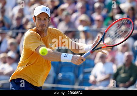 Andy Murray in Aktion während des Spiels gegen BU Yunchaokete (nicht abgebildet) am dritten Tag der Lexus Surbiton Trophäe 2023 im Surbiton Racket and Fitness Club, London. Bilddatum: Mittwoch, 7. Juni 2023. Stockfoto