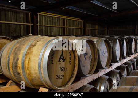 Reifung von Fässern im Lagerhaus der Arbikie-Destillerie, Schottland Stockfoto