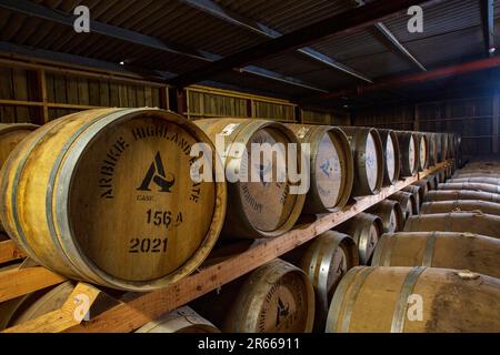 Reifung von Fässern im Lagerhaus der Arbikie-Destillerie, Schottland Stockfoto