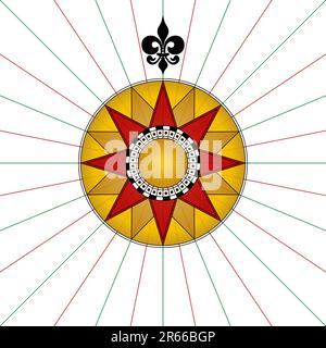 Kompassrose mit einem Fleur-de-Lis nach Norden. Kompassstern oder Windrose mit acht Hauptwinden, die die Richtung des Kardinals zeigen. Stockfoto