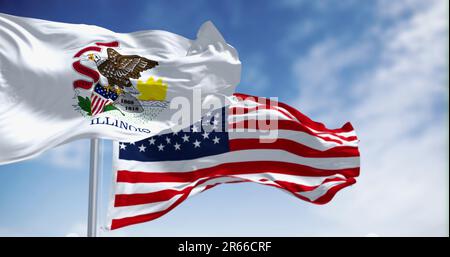 Die Staatsflagge von Illinois wackelt an klaren Tagen mit der Nationalflagge der Vereinigten Staaten von Amerika. Rendern der 3D-Darstellung. Flatternder Stoff Stockfoto