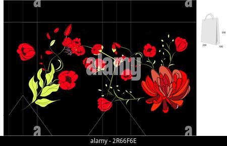 Schablone für Beutel mit bunten Blumen Stock Vektor