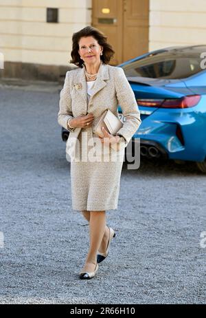 Stockholm, Schweden. 07. Juni 2023. STOCKHOLM 20230607Queen Silvia kommt zu der feierlichen Versammlung der Freunde des Drottningholm-Theaters mit der Vergabe von Stipendien. Foto: Pontus Lundahl/TT/Code 10050 Kredit: TT News Agency/Alamy Live News Stockfoto