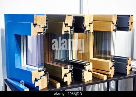 Moderne dreifach verglaste Holzfenster im Bereich der Baumesse Stockfoto