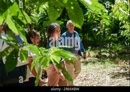 Ilha Do Combu, Brasilien. 07. Juni 2023. Annalena Baerbock (M, Bündnis 90/die Grünen), Außenministerin, besucht den Regenwald während ihres Treffens mit lokalen Kakao-Genossenschaften und Frauenorganisationen. In der nordbrasilianischen Stadt Belem liegt der Schwerpunkt auf Klima- und Umweltfragen. Kredit: Annette Riedl/dpa/Alamy Live News Stockfoto