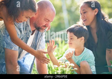 Fröhliche Familie, die im Sommergarten Blumen pflanzt Stockfoto