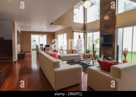 Sala y Comedor de casa con mampara y muebles modernos Stockfoto