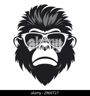 Gesicht des coolen Schimpansen mit Sonnenbrille. Schimpansen-Vektordesign für Aufkleber- oder T-Shirt-Druck. Stock Vektor