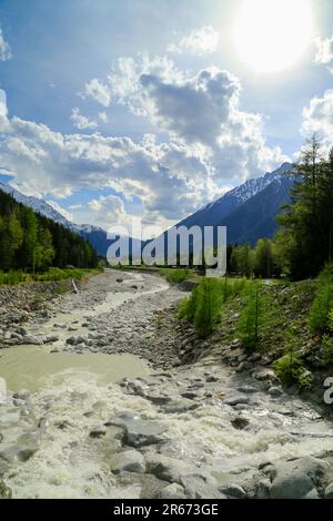 Chamonix, Fluss Arve, Wald und Berge. Stockfoto