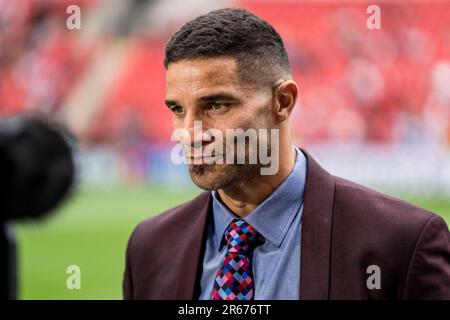 Prag, Tschechische Republik. 07. Juni 2023. Der ehemalige Fußballspieler David James war vor dem Finale der UEFA Europa Conference League zwischen Fiorentina und West Ham United in der Fortuna Arena in Prag zu sehen. Kredit: Gonzales Photo/Alamy Live News Stockfoto