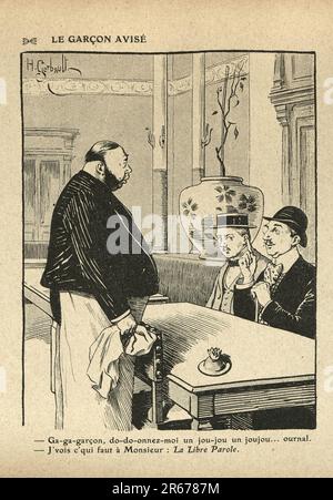 Klassischer französischer Cartoon von Henry Gerbault, 1900er. Le garcoon avisé, der Mann, der Kellner eine Frage stellt, Belle Epoque, Comdey Humor Stockfoto