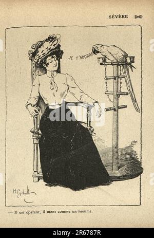 Klassischer französischer Cartoon von Henry Gerbault, 1900er. Je t'adorre, streng. Il est epatant, il ment comme un homme, er ist unglaublich, er lügt wie ein Mann, Belle Epoque, Humor Stockfoto