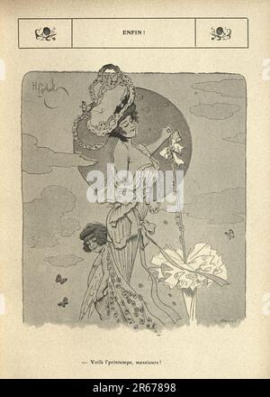 Klassischer französischer Cartoon von Henry Gerbault, 1900er. Amor mit einer schönen Frau im Sommerkleid, Belle Epoque, Humor. Enfin! Voila l'printemps, Messieurs! Endlich! Hier kommt der Frühling, meine Herren! Stockfoto