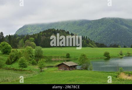 Hütte am Bergsee in der Nähe von Mariazell Stockfoto