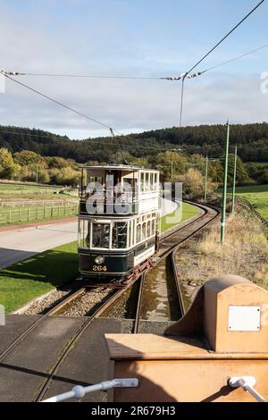 Die historische Straßenbahn Sheffield 264 wurde von der United Electric Car Company in Preston für den Einsatz in Sheffield erbaut und ist jetzt im Beamish Living Museum in Betrieb. Stockfoto